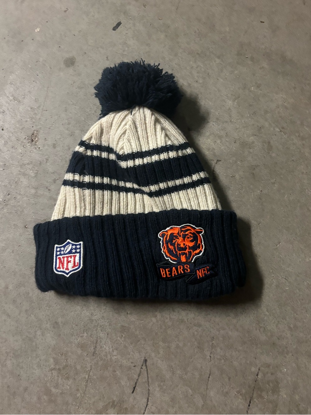 NFL Chicago Bears Pom Knit Beanie in Navy, Cream & Orange Logo
